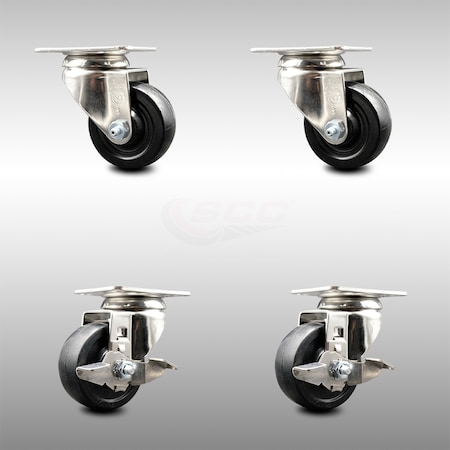 3 Inch 316SS Soft Rubber Wheel Swivel Top Plate Caster Brakes SCC, 2PK
